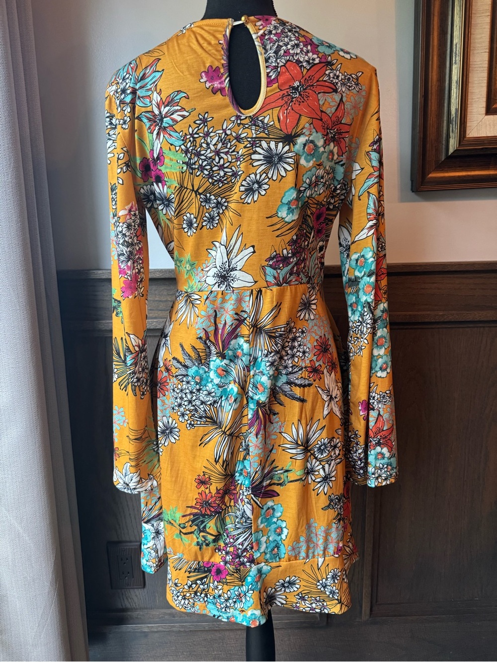 Club L London Mustard Floral Tie-Waist Long Sleeve Dress 14 EUC - Picture 5 of 10